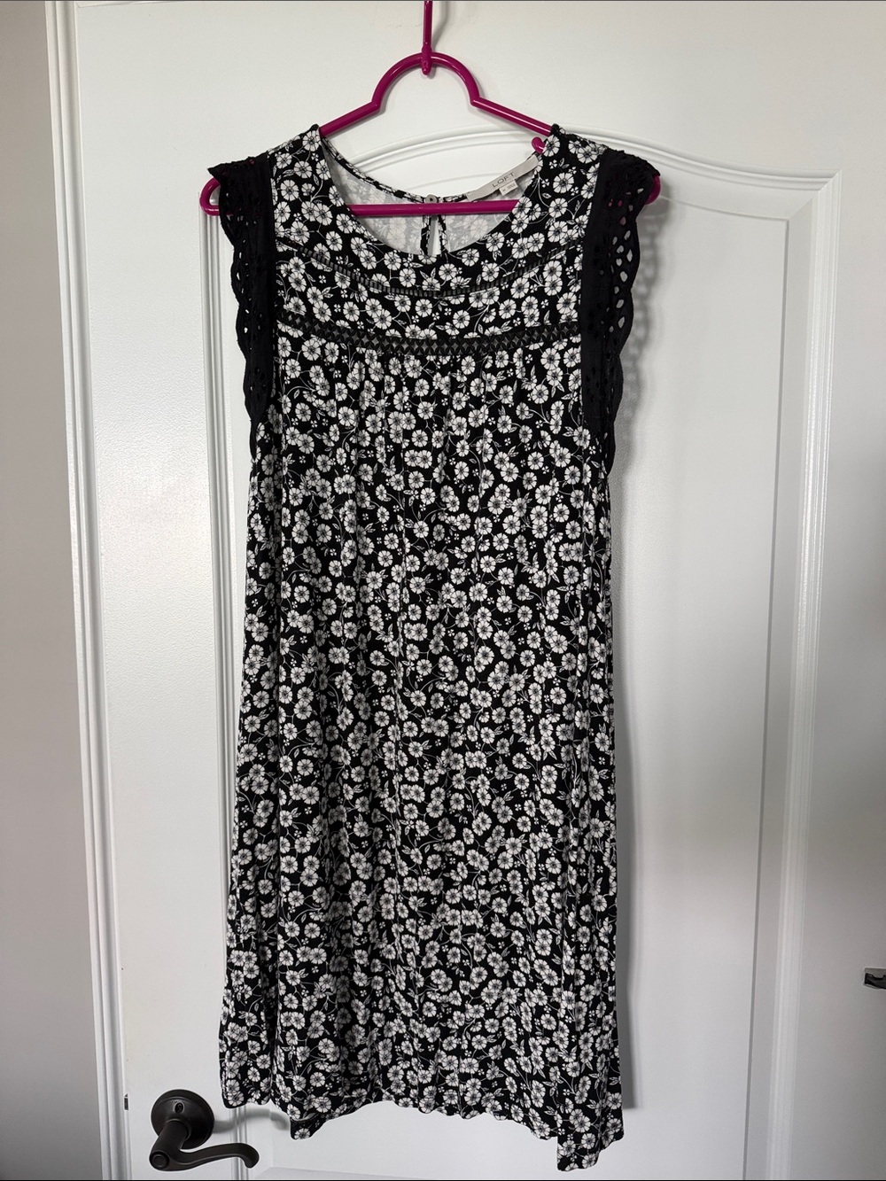 LOFT Black & White Floral Shift Dress with Decorative Shoulders